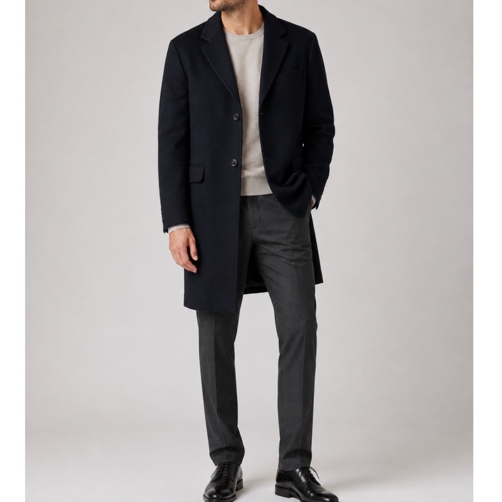 Wool and Cashmere Mens Overcoat Size 40 Navy Blue Long Trench Coat Winter Warm